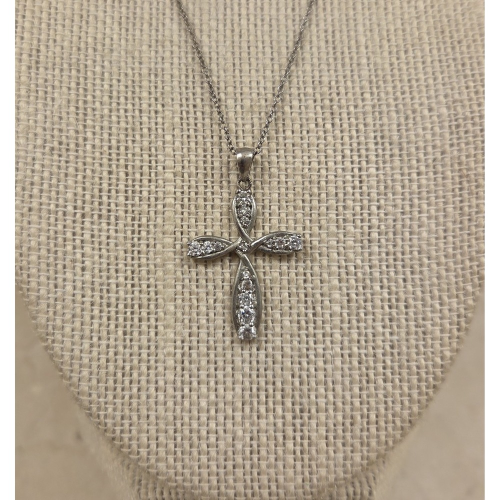 Vintage Sterling Silver & CZ Cross Pendant On Sterling 18" Necklace - Picture 2 of 6